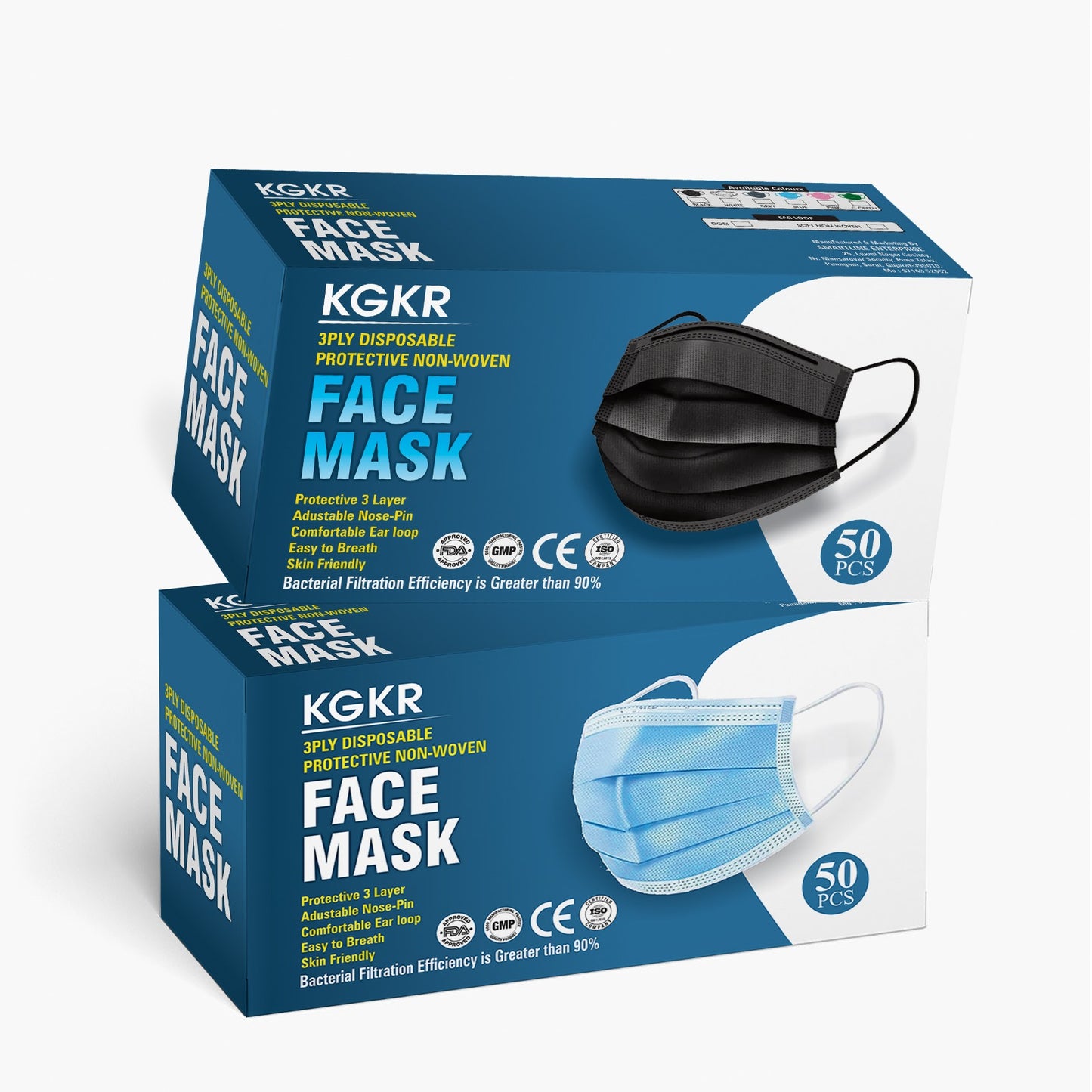 3-Ply Disposable Surgical Face Masks, 100 Pack (50 Blue + 50 Black) | Comfortable & Breathable Protection for Adults