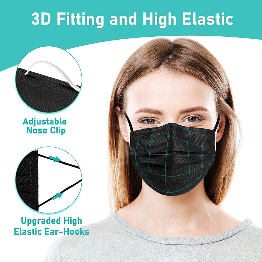 Disposable 3-Ply Surgical Face Masks in Black | Breathable Medical Dental Mouth Cover for Men & Women